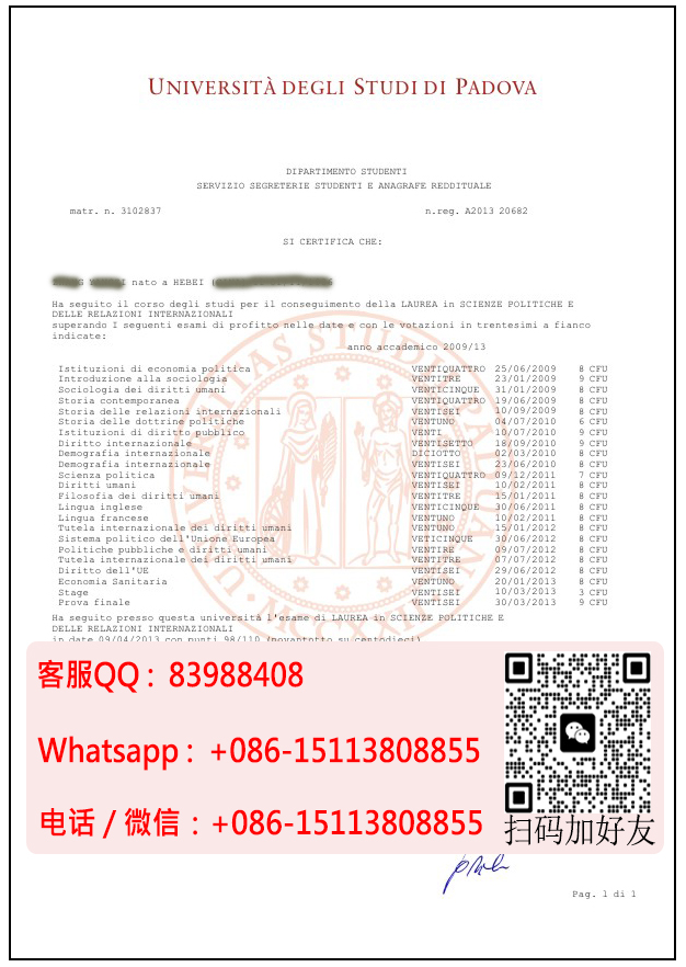 意大利帕多瓦大学成绩单样本Transcript of the University of Padova, Italy.jpg